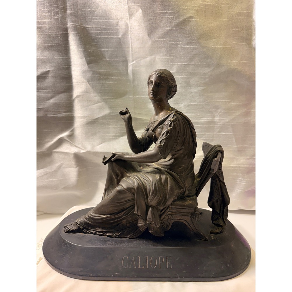 Antique Signed Calliope Muse of Epic Poetry Bronze Finish Neoclassical Sculpture